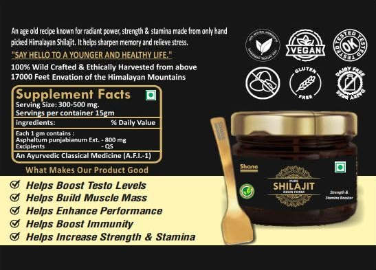 Shane I Pure Shilajit Resin Form I Strength & Stamina Booster I 100% Ayurvedic I No Side Effect I Helps Boost Testo Levels I Helps Build Muscle Mass I Helps Enhance Performance I Helps Boost Immunity I 20 GM