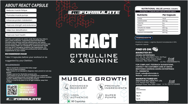 Reformulate I React I Citrulline & Arginine I Muscle Growth I Enhanced Recovery I Premium Ingredients I 100% Authentic I Super Pumps I 90 Capsules