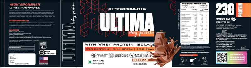 Reformulate I Ultima I Whey Protein with Isolate I 23 G Protein I 5.1G BCAA I 10.8 EAA I  Pre & Probiotics I Enhances Recovery I Faster Absorption I Nutraceutical I Chocolate I Serving 60 I 2 KG