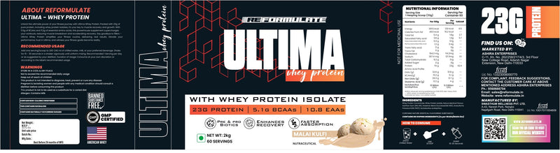 Reformulate I Ultima I Whey Protein with Isolate I 23 G Protein I 5.1G BCAA I 10.8 EAA I  Pre & Probiotics I Enhances Recovery I Faster Absorption I Nutraceutical I Malai I Serving 60 I 2 KG