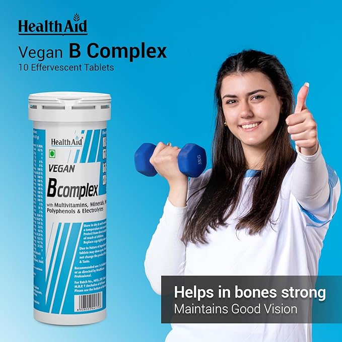 HealthAid I Vegan B Complex with Multivitamins I Minerals I Herbal Blend I Poluphenols I Electrolytes I Mango Flavour I 10 Effervescent Tablets