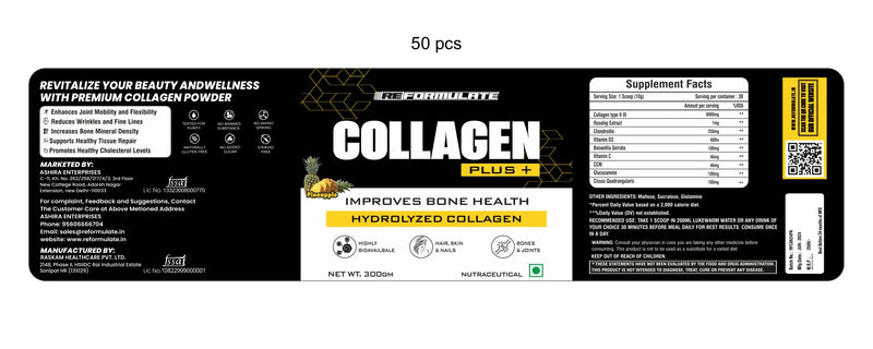 Reformulate I CollaGen Plus+ Improves Bone Health Hydrolyzed Collagen I Highly Bioavailable I Hair I Skin I Nails I Bones I Joints I Nutraceutical I Non-Veg I Pine Apple I 300 GM