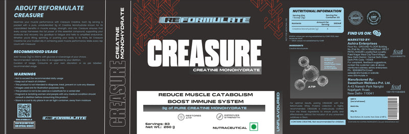 Reformulate I Creasure I Creatine Monohydrate I Reduce Muscle Catabolism Boost Immune System I 3G Of Pure Creatine Monohydrate I Restores Atp I Improves Strength I Nutraceutical I Unflavoured I Servings 83 I 250 GM