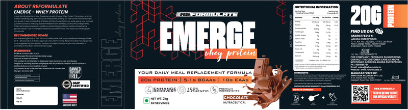 Reformulate I Emerge I Whey Protein I Your Daily Meal Replacement Formula I 20 G I Protein I 5.1 G Bcaa's I 10 G Eaa's I Enhance Recovery I 100% Authentic I Premium Ingredients I 60 Servings I Nutraceutical I Chocolate I 2 KG