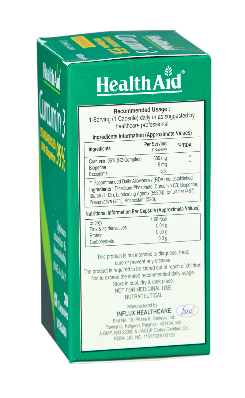 HealthAid I Curcumin 3 I Standardised with Bioperine 95% I 30 Capsules