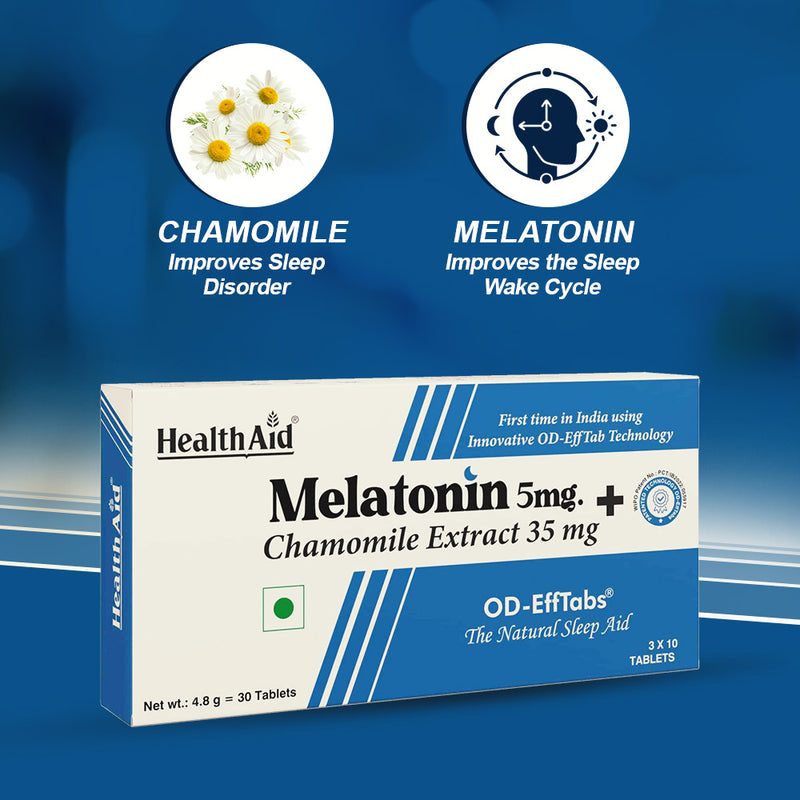 HealthAid I Melatonin 5 mg + Chamomile Extract 35 mg I 30 OD Effervescent Tablets