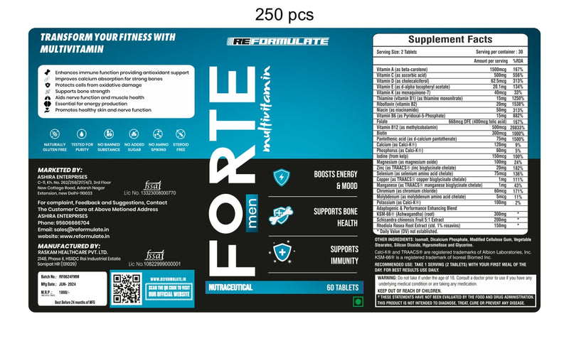 Reformulate I Forte I Men I Multivitamin I Boosts Energy & Mood I Supports Bone Health I Supports Immunity I Nutraceutical I 60 Tablets