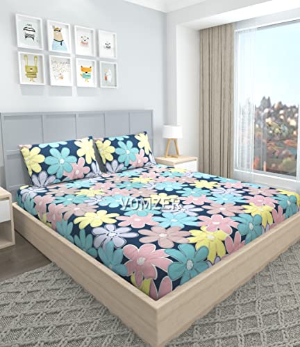 VOMZER 300 Tc Cotton Feel All Around Elastic Fitted Bedsheets King Size, Premium Elastic Fitted King Size Bed Sheet For Double Bed With 2 Pillow Covers, Size- 78" X 72" (Multi Flower)