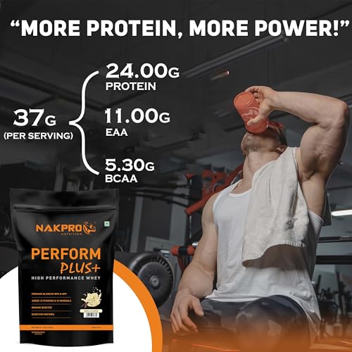 NAKPRO Perform Plus+ Whey Protein Concentrate with Digestive Enzymes | 24g Protein, 5.7g BCAA | Easy Mixing, Easy Digesting (1 Kg, Vanilla)