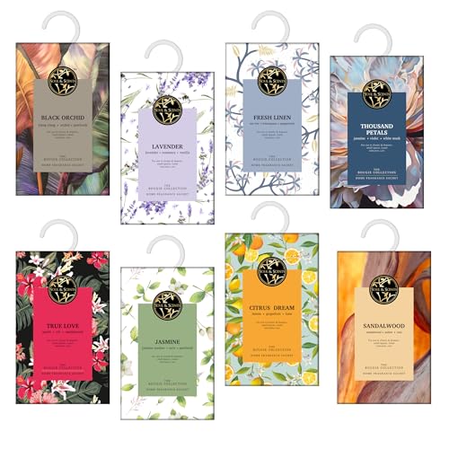 Soul & Scents Fragrance Sachet | Sandalwood,Lavender,Black Orchid,Fresh Linen,Citrus Dream,Jasmine,Thousand Petals,True Love- for Car, Wardrobe, Kitchen, and Travel Bag | Pack of 8-20gm Each