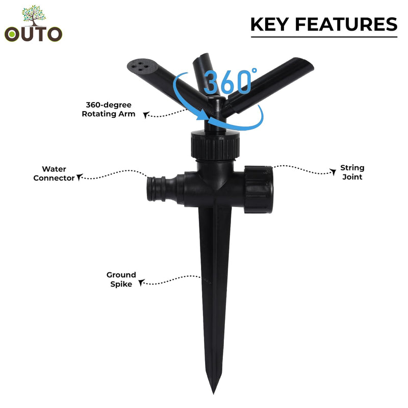 OUTO Automatic Garden Sprinkler 360 Degree Rotating Adjustable 3 Arm Water Sprayer for Watering Plants Outdoor Lawn Yard Park Irrigation System