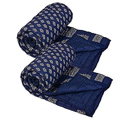 Craft Jaipur Jaipuri Light Weight Pure Cotton Traditional Rajasthani Print Blue Colour Single Bed Quilt/Razai/Rajai-Set of 2 (BKTHS18)