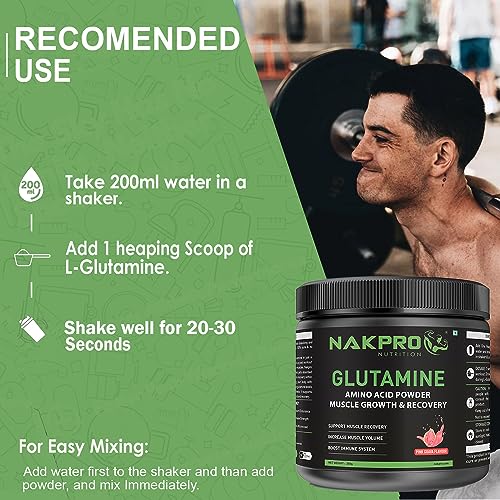 Nakpro L-Glutamine Powder - JAR | 4g Glutamine Per Serving, 50 Servings | Post Workout Amino Acid Protein Supplement for Muscle Growth and Recovery (Pink Guava, 250g)