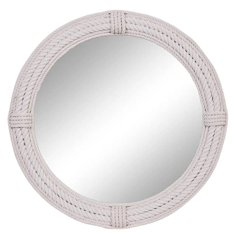 SRA Home Deco Handmade Wooden Antique Frame Round Wall-Mounted Rope Mirror, Mirror for Bedroom, Bathroom, Living Room, Wall Basin, Study Room, Office, White (12" Inches Round)