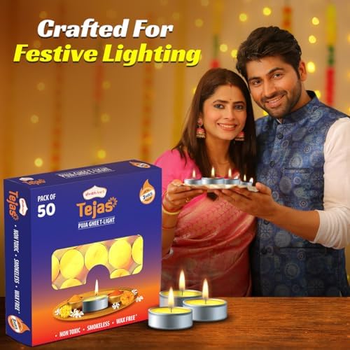 Shubhkart Tejas Puja Ghee T-Light Candles 50N | Non Toxic Smokeless & Wax Free Tea Light Candles Perfect for Home Decor, Prayers, Rituals|No Residue Long Lasting| 3 Hours Burn Time (Set of 50)