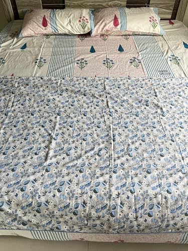 Double Bed Cotton Dohar with Blue Floral Print, 220 x 230 cm