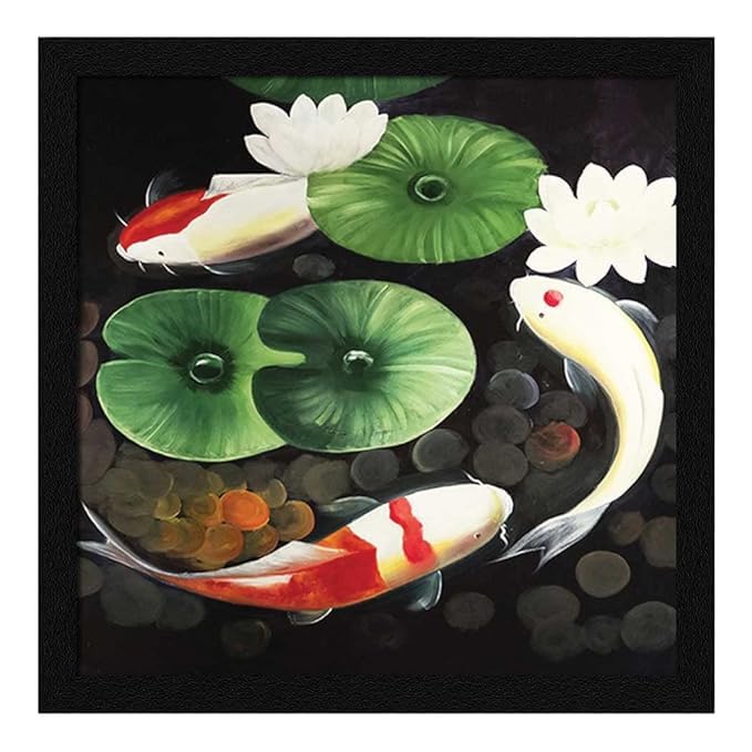 S.K Lucky Vastu Fang Shui 3 Fishes Lake White Lotus Nature Water Painting Wall Art for Home Mandir Office Living Room Photo Frame Without Glass D005 (13 x 13 Inch)