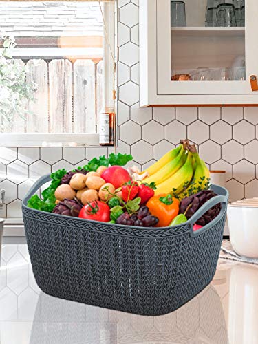 Kuber Industries Q-6 Unbreakable Plastic Flexible Large Storage Baskets with Handles|Wovan Design & Flexible Plastic Material|Size 29 x 22 x 16 CM (Grey)