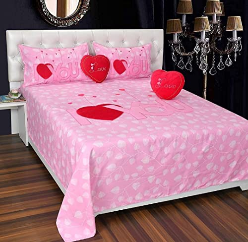 PRISCILLA Designer I Love You Patch Cotton Double Bedsheet for Couples with 2 Pillow Covers and 2 Heart Cushion. (Pink)