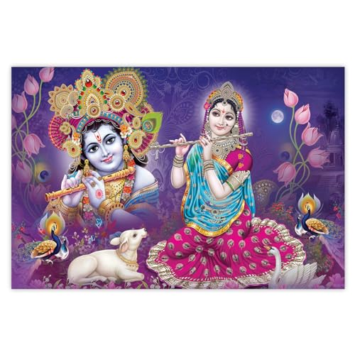 Indianara Rolled Sparkled Lord Radha Krishna Art Print for Room Décor Digital Reprint 36 inch x 24 inch Painting (10638PST)