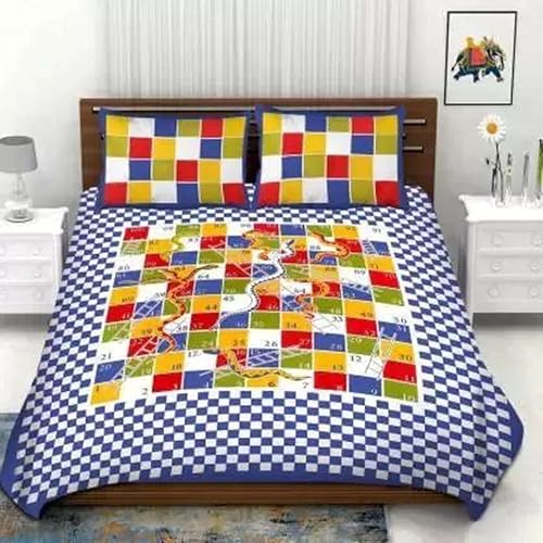 ROLEXTO 104 Tc Pure Cotton Double BedSheet with Two Pillow Covers | 90 X 100 Inches |EXL-319|(Snake&Ladder)