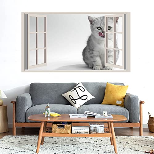 GADGETS WRAP Printed Wall Decal Sticker Fake Window Style Decal (90cm x 50cm) - White Cat Tongue