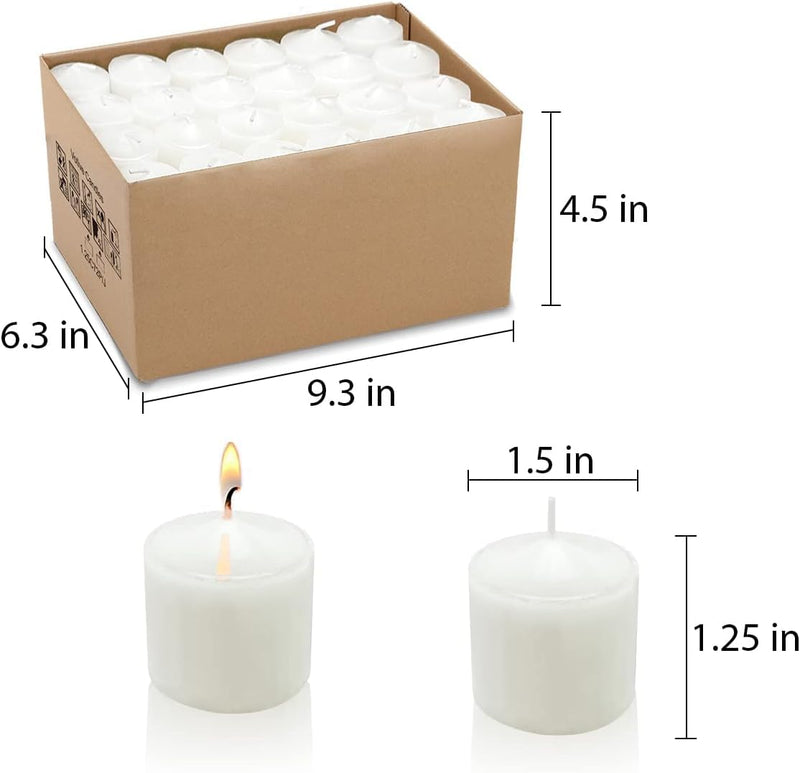 Coku White Votive Candles - Bulk Box Smokeless Unscented Candles - 8 Hour Burn Time - Bulk Candles for Diwali, Home, Weddings, Parties, Spas and Decorations (1.5" x 1.25") (Pack of 100)