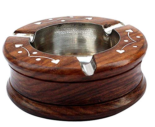 Zeguard Handicraft Handmade Beautiful Designer Round Shaped Wooden Ashtray with Inlay Work Ashtray for Cigarettes and Smoking Home, Office, Garden, Gift Use (10x10x3) (Brown)