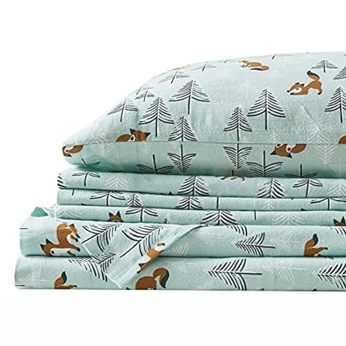 Comfort Spaces Cotton Flannel Breathable Warm Deep Pocket Sheets with Pillow Case Bedding, Full, Seafoam Foxes 6 Piece