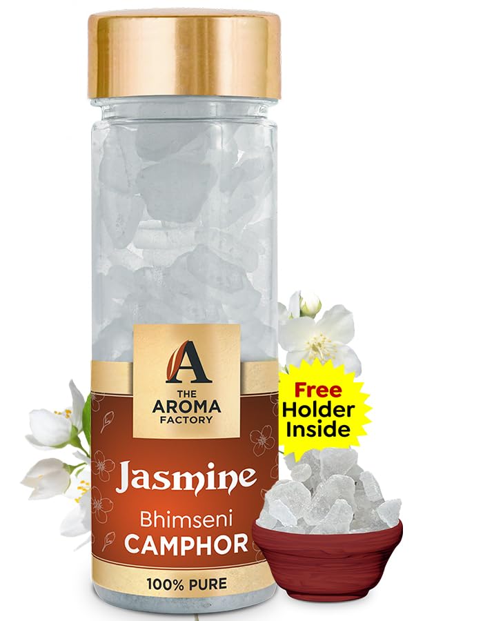 The Aroma Factory Pure Bhimseni Camphor, Jasmine, Zero Residue Kapoor with Fragrance for Pooja, Aarti Kapur | Bottle Pack of 1 x 80gm