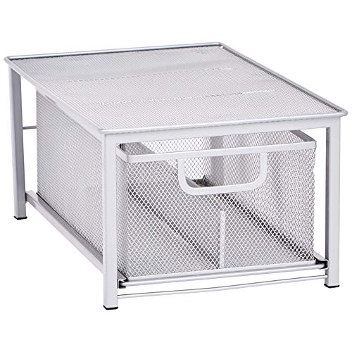 amazon basics Mesh Sliding Basket Drawer Storage Shelf Organizer, Silver, Stainless Steel