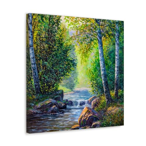 GADGETS WRAP Canvas Gallery Wrap Framed for Home Office Studio Living Room Decoration (17x17inch) - River In Forest Oil Painting