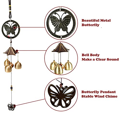 Zobro Butterfly Metal Wind Chimes for Home Balcony Garden Positive Energy, Home Decor Hanging Long Brass Bells Gifts for Loved Ones 3 Bells