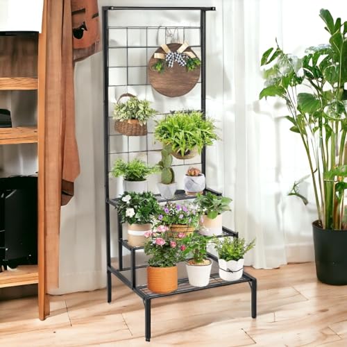 ecofynd Bloom Plant Stand for Balcony, Metal Planter Stand for Outdoor Plants, 4 Tier High Flower Pot Holder, 3 Steps Plant Stand, Big Rack for Home Garden (PS007-BLK)