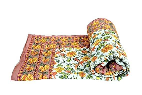 fashhub World Famous Jaipuri Light Weight Pure Cotton Traditional Rajasthani Print Multi Colour Single Bed Quilt/Razai/Rajai (Multi, Orange Mugal, Single Bed)