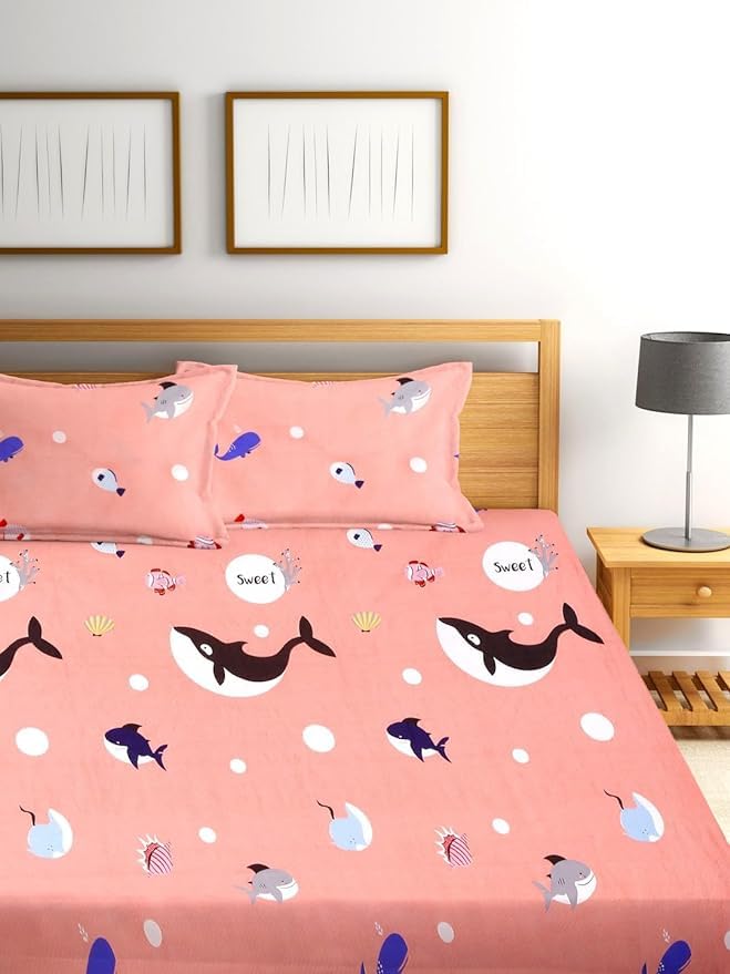 LEVINLY Kids Sahrk Print Pink Wrinkle Resistant | Skin Friendly | Cartoon Print Fitted Double Bedsheet with 2 Pillow Cover for Kids|| Size 72x72x8 inch|| Microfibre||Cotton Feel ||