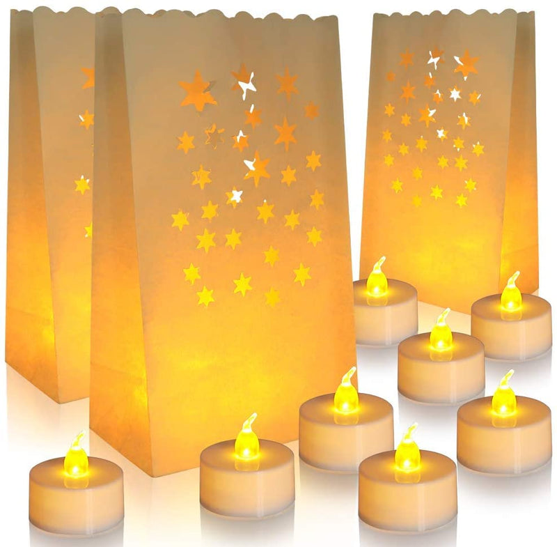 White Luminary Bags Fireworks Cutout Flame Resistant LED Candle Bags Paper Lantern Bags for Christmas Weddings Birthday Party Thanksgiving Decoration Use with LED CANDELS Pack of 10