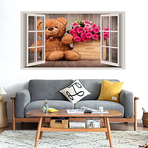 GADGETS WRAP Printed Wall Decal Sticker Fake Window Style Decal (90cm x 50cm) - Teddy with Roses