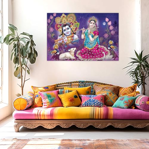 Indianara Rolled Sparkled Lord Radha Krishna Art Print for Room Décor Digital Reprint 36 inch x 24 inch Painting (10638PST)