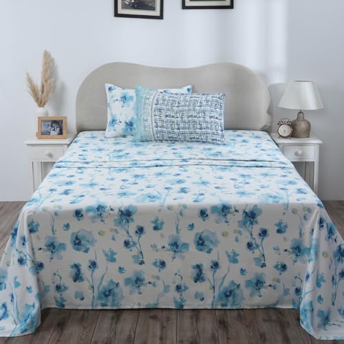 maspar Hermosa Eclectic Garden Painterly Floral Printed Aqua King Bed Sheet with Pillow Case