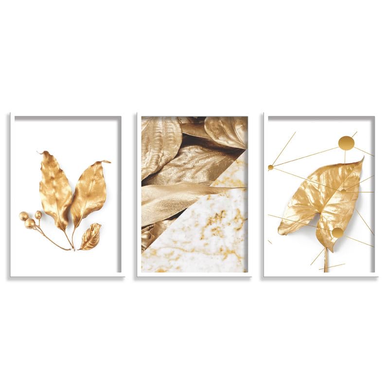 SAF paintings Set of 3 Golden Leaves Wall Painting for Home Decoration SA-WHITEMX33510