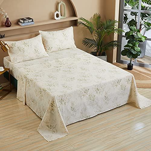 FADFAY Queen Bed Sheet Sets, Floral Leaves Bed Sheet Set Premium 100% Cotton 600 TC Green & Cream Flower Bedding Botanical Pastel Printed Soft Deep Pocket Fitted Sheet 4Pcs, Queen