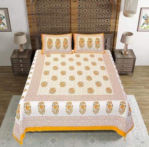 The Youth Spirit Cotton Double Bedsheet with 2 Pillow Cover, Jaipuri/Rajasthani Printed Bedsheet,90 * 100,White Yellow Flower