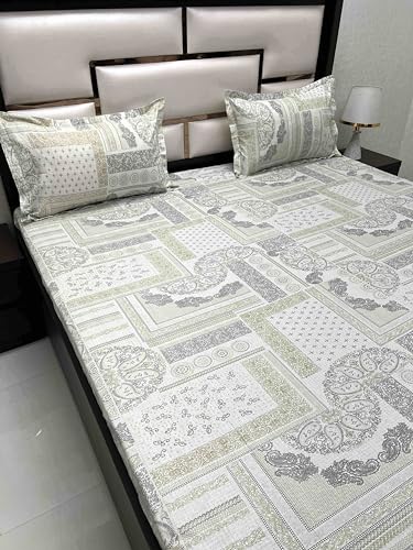 Pure Decor 100% Pure Cotton Velar Collection Super King Size Twill Fabric Bedsheet for Double Bed (108"X120") with 2 Pillow Covers PD 4397 - Ethnic, Green