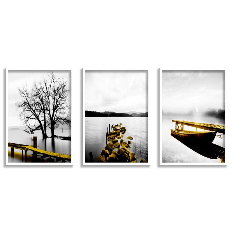 SAF paintings Set of 3 Water Bridge And Boat Wall Painting for Home Decoration SA-WHITEMX33595