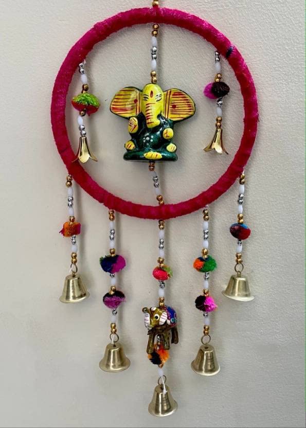 SPHINX Rajasthani Handcrafted Multicolour Wall Hanging Ganesh with Metal Bell Plastic Windchime (Height Approx. 60 cms/23.6 inches) - 1 Piece