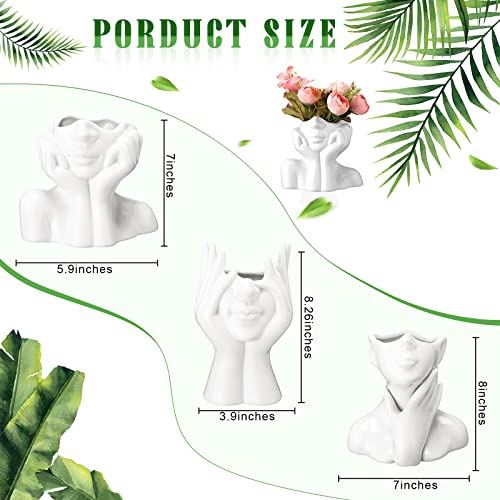 3 Pcs Ceramic Face Vase Female Form Vase Modern Body Vase Decorative Head Vase Head Half Body Bust Vases Face Flower Vases for Decor Centerpiece Home Bedroom Room Table Shelf Office (White, Large)