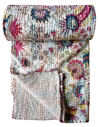 BOHEKANT Handicraft Cotton Hand Embroidery Kantha Quilt Kantha Bed Cover Handmade Kantha Bedspread Kantha Blanket Throw-19 (Twin, 60x90 Inches, Single Bed)