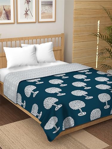 Dream Dwell 100% Pure Cotton Reversible Dohar/AC Blanket for Double Bed |All Weather Light Weight | Floral Design| Geometric Pattern, Navy Blue and White- Pack of 1