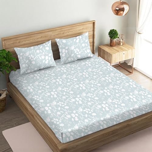 Oak & Lily Queen Size Bedsheet in 180 TC with 2 Large Pillow Covers | Florence Blossoms Blue Design | Bed Sheet for Double Bed | 90" x 100" | 100% Cotton Bed Cover | Washable | European Quality